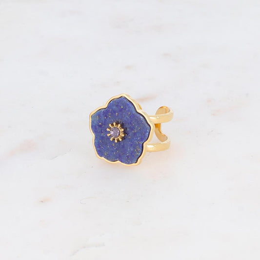 Bague double rangs avec fleur en pierre naturelle et strass - Lapis lazulite