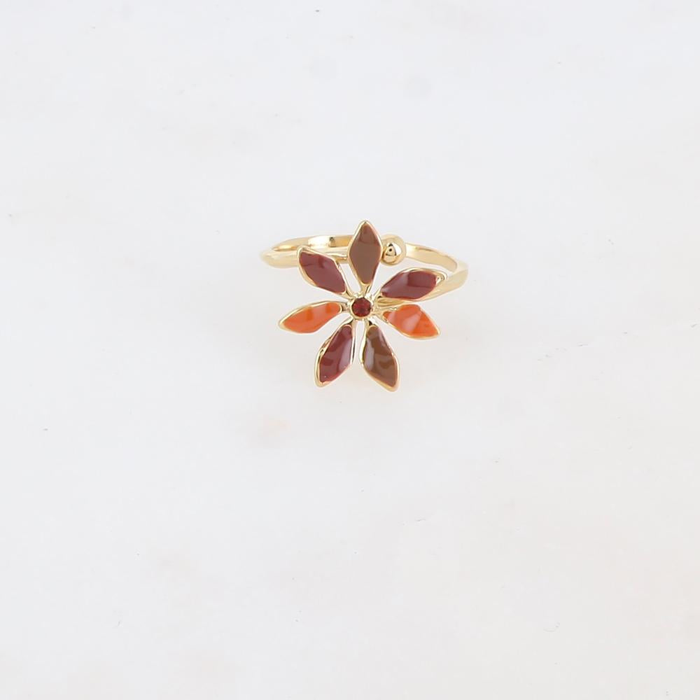 Bague fine avec fleur émaillée et strass - Rouge