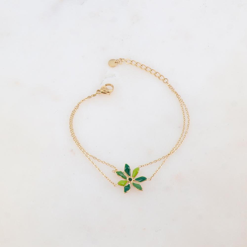 Bracelet deux rangs avec pendant fleur émaillée et strass