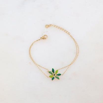 Bracelet deux rangs avec pendant fleur émaillée et strass