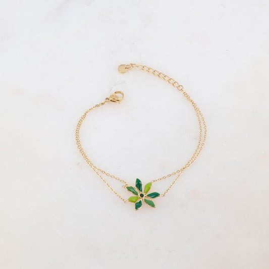 Bracelet deux rangs avec pendant fleur émaillée et strass