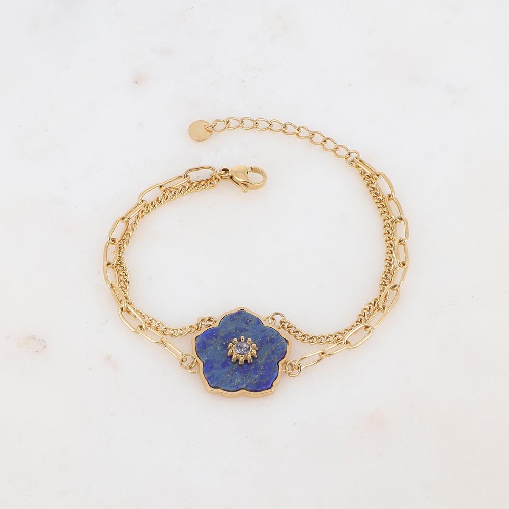 Bracelet deux rangs avec fleur en pierre naturelle, strass
