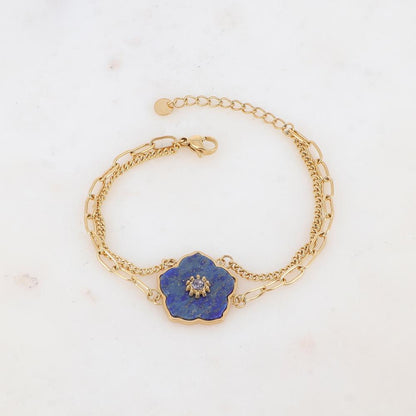 Bracelet deux rangs avec fleur en pierre naturelle, strass