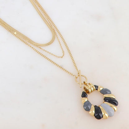 Collier 3 rangs avec maille miroir et pendentif émaillé (38/40/50+7CM)