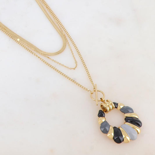 Collier 3 rangs avec maille miroir et pendentif émaillé (38/40/50+7CM)