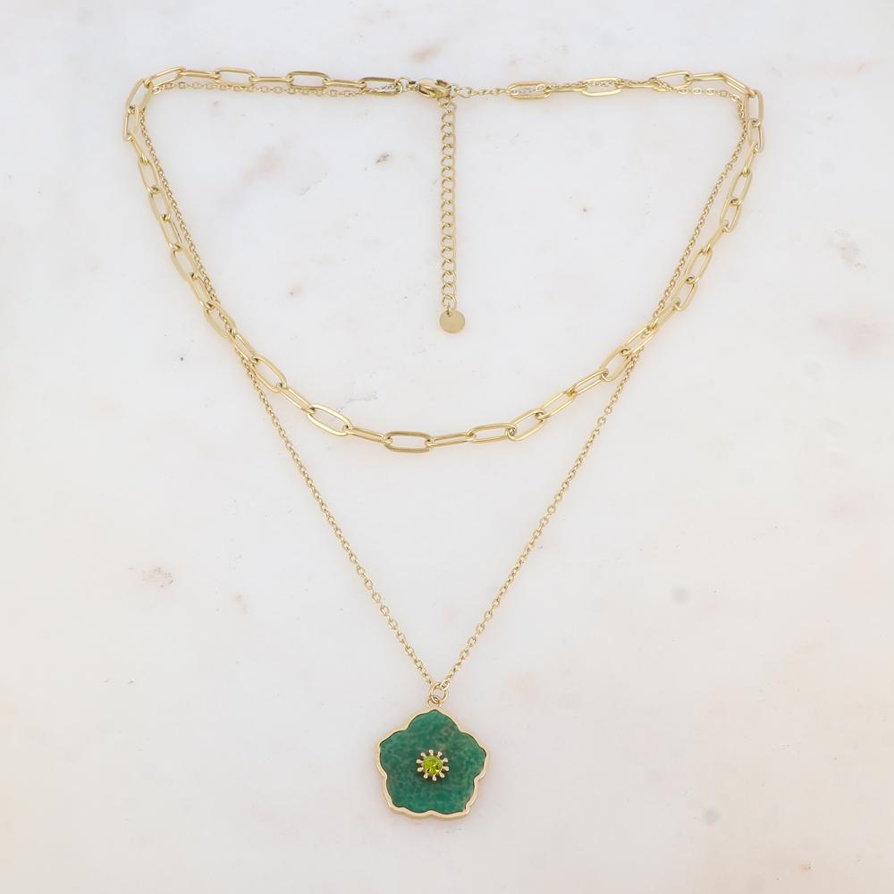 Collier double rangs avec pendentif fleur en pierre naturelle et strass (38/42+7CM)
