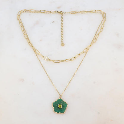 Collier double rangs avec pendentif fleur en pierre naturelle et strass (38/42+7CM)