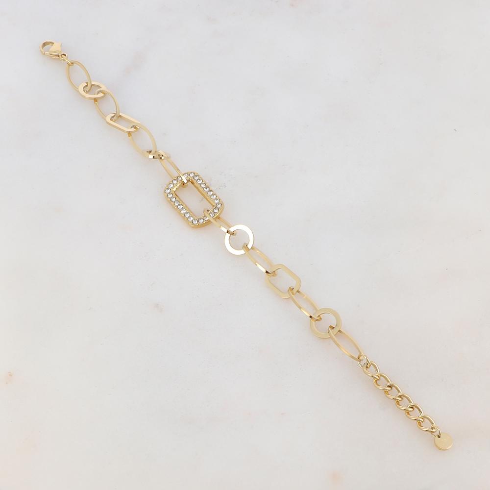 Bracelet maille multi-ovale, multi-rond et multi-rectangle avec pièce rectangulaire et strass