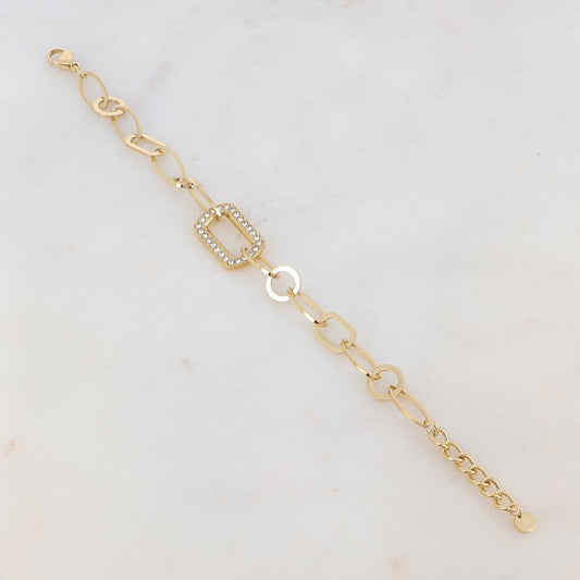 Bracelet maille multi-ovale, multi-rond et multi-rectangle avec pièce rectangulaire et strass