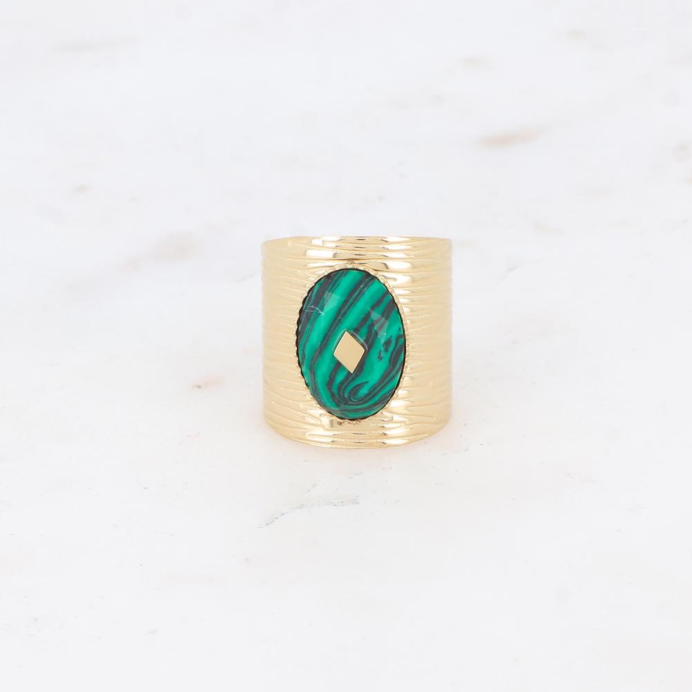 Bague avec cabochon en pierre reconstituée - Malachite