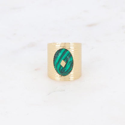 Bague avec cabochon en pierre reconstituée - Malachite