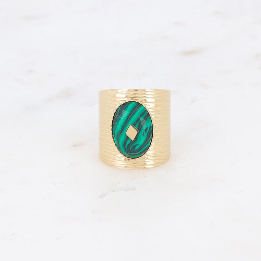 Bague avec cabochon en pierre reconstituée - Malachite