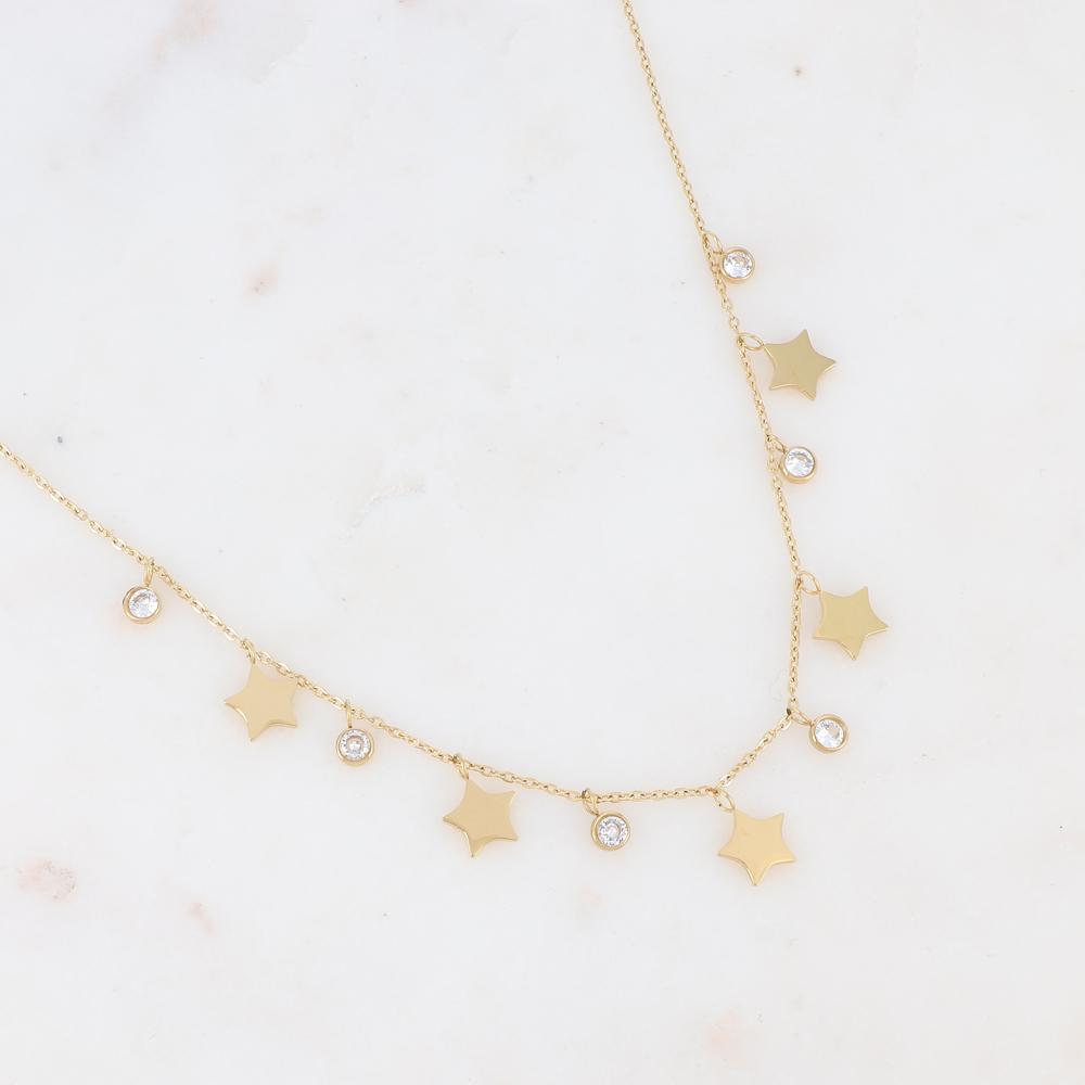 Collier doré composé de pendants étoile et de strass blancs 40+5 cm