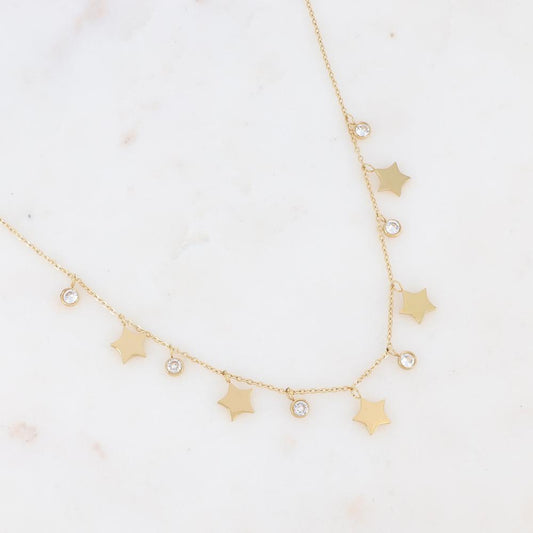 Collier doré composé de pendants étoile et de strass blancs 40+5 cm