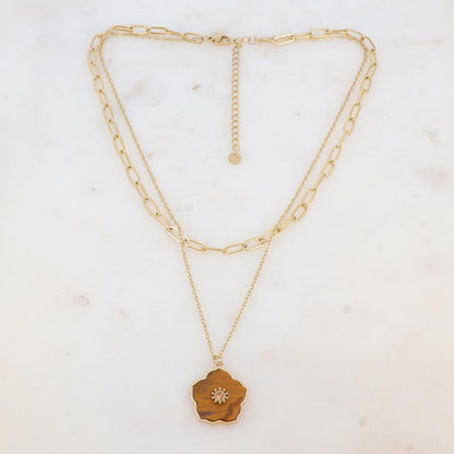 Collier double rangs avec pendentif fleur en pierre naturelle et strass (38/42+7CM)