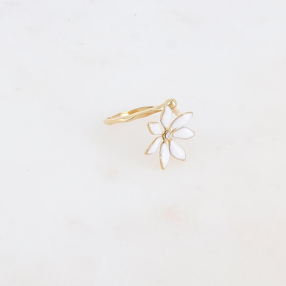 Bague fine avec fleur émaillée et strass - Blanc