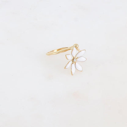 Bague fine avec fleur émaillée et strass - Blanc