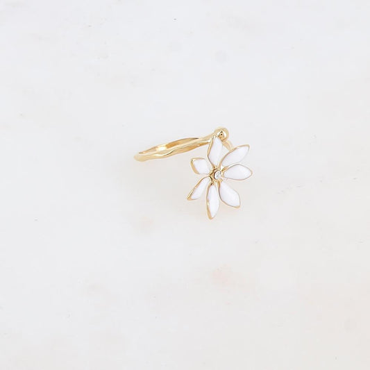 Bague fine avec fleur émaillée et strass - Blanc
