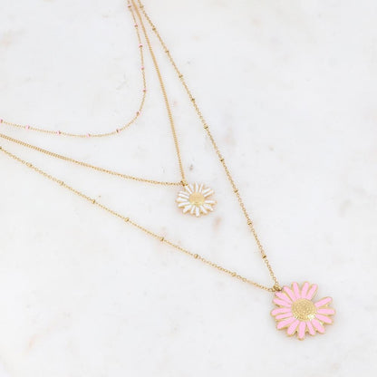 Collier triple rangs doré avec deux fleurs de marguerite émaillées blanche et rose 38/44/56+5 cm