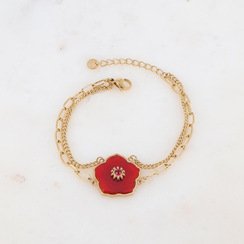 Bracelet deux rangs avec fleur en pierre naturelle, strass