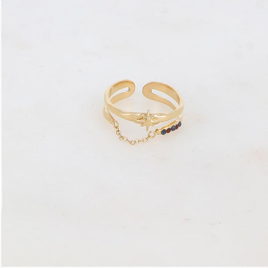 Bague 2 rangs avec chaîne, étoile et 5 strass