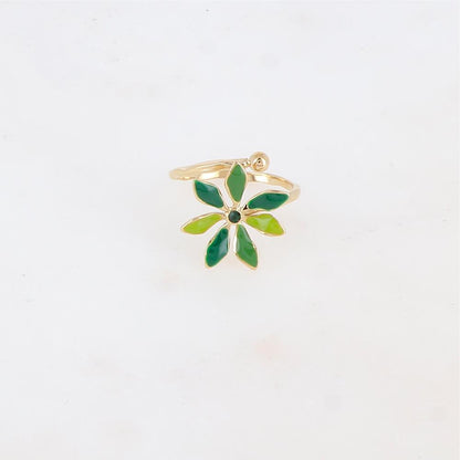 Bague fine avec fleur émaillée et strass - Vert