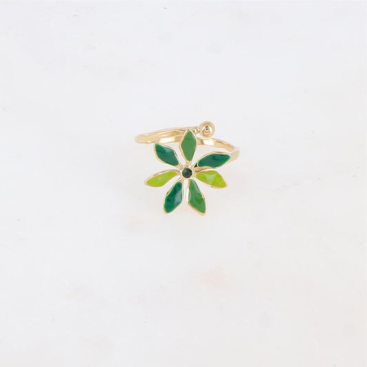 Bague fine avec fleur émaillée et strass - Vert