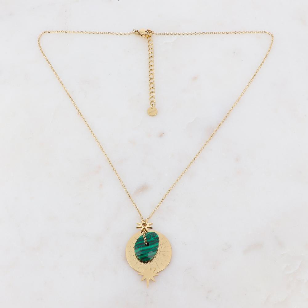 Collier sur chaîne composé d'une pampille et d'une pierre naturelle malachite 40+5 cm