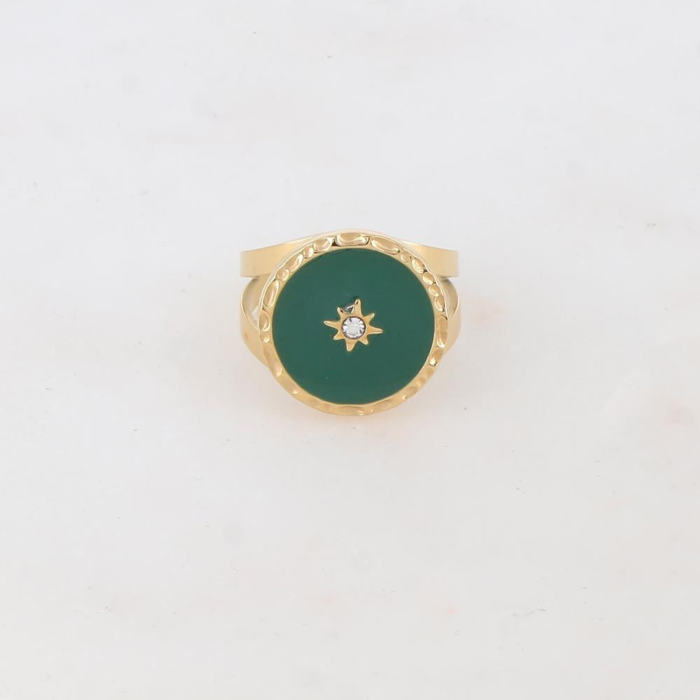 Bague avec pièce ronde émaillée, étoile et strass - Vert