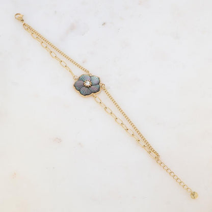 Bracelet deux rangs avec fleur en pierre naturelle, strass