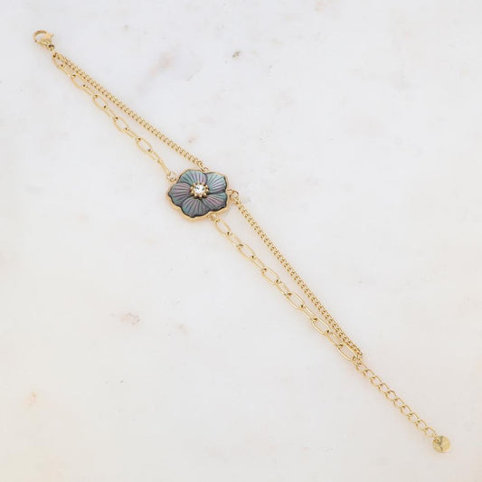 Bracelet deux rangs avec fleur en pierre naturelle, strass