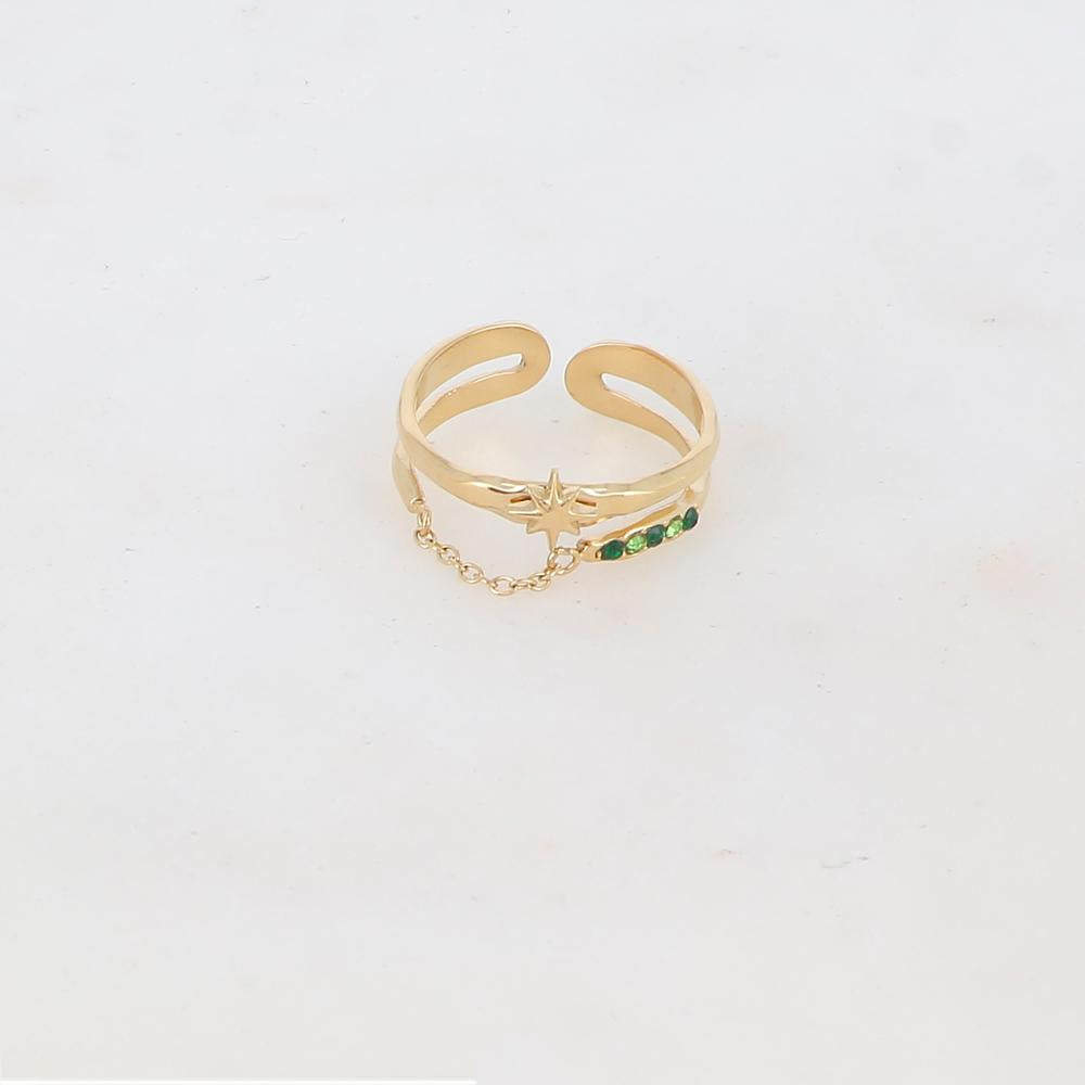 Bague 2 rangs avec chaîne, étoile et 5 strass