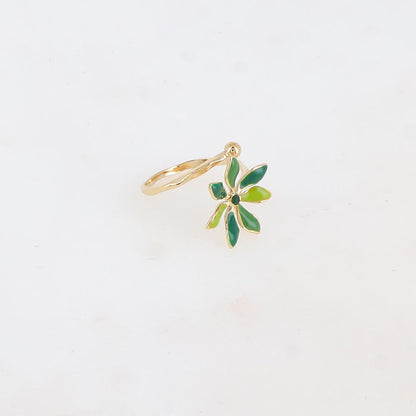 Bague fine avec fleur émaillée et strass - Vert