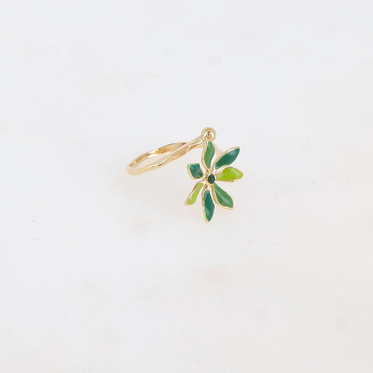 Bague fine avec fleur émaillée et strass - Vert