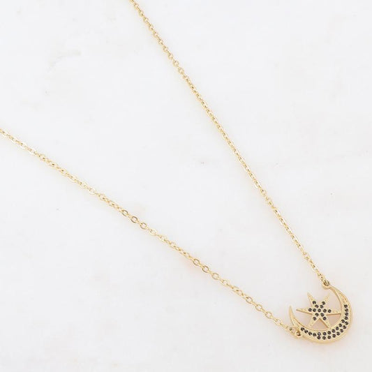 Collier doré composé d'un pendentif étoile et lune ornée de strass noirs 40+5 cm