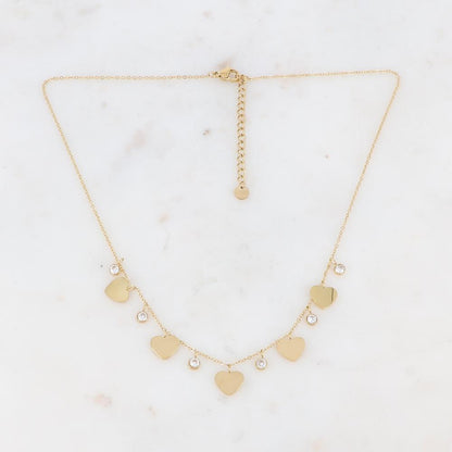 Collier doré composé de pendants cœur et de strass blancs 41+5 cm