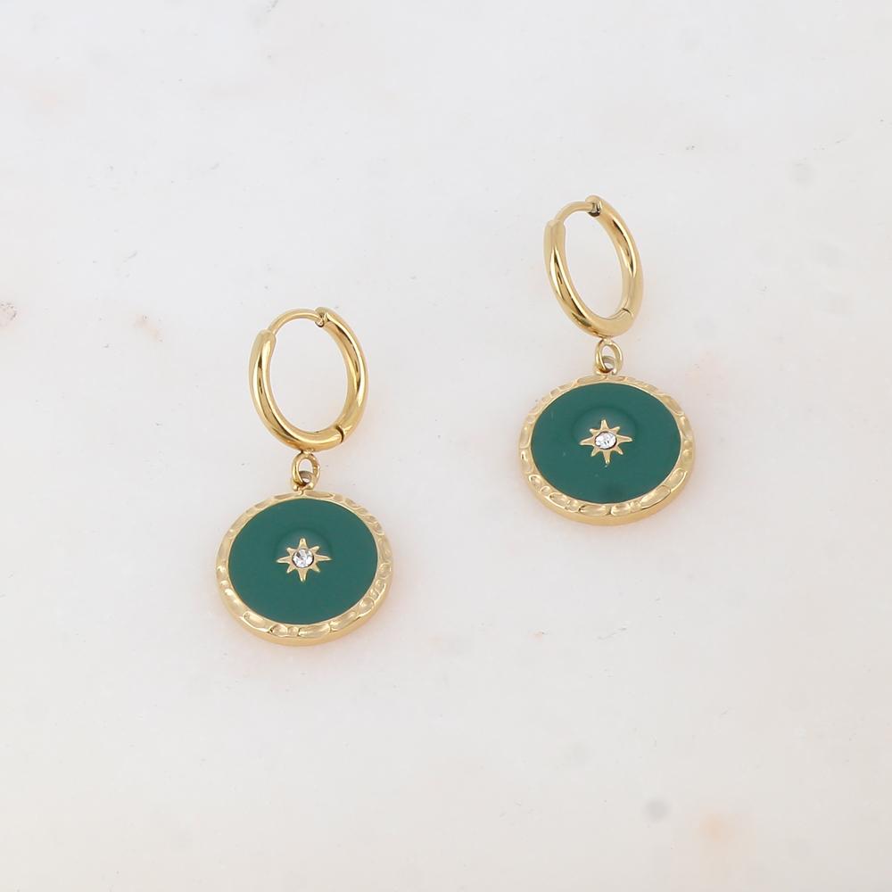 Créoles avec pendentif rond émaillé, étoile et strass 1,6 x 3,3CM.