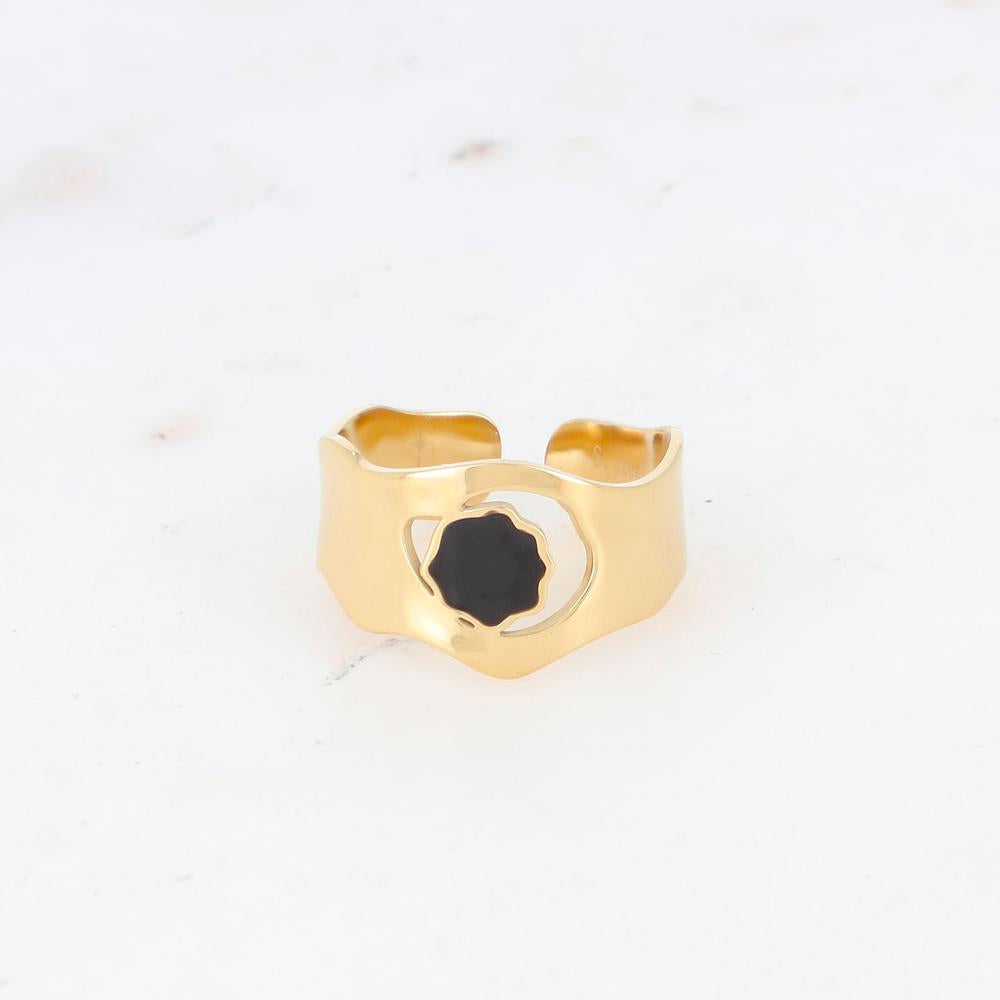 Bague avec pièce géométrique ondulée, émail - Noir