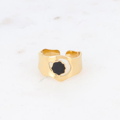 Bague avec pièce géométrique ondulée, émail - Noir