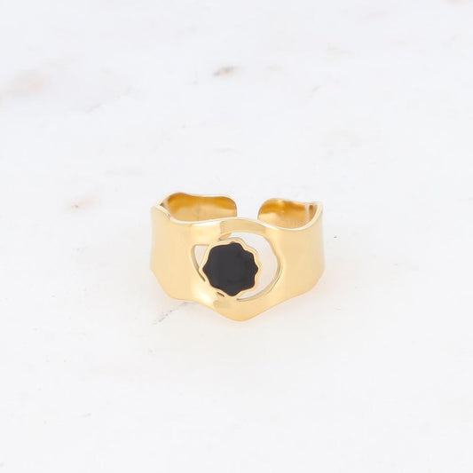 Bague avec pièce géométrique ondulée, émail - Noir
