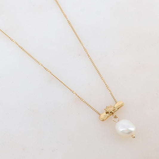Collier avec pièce géométrique, étoile et perle d'eau douce (40+7CM)