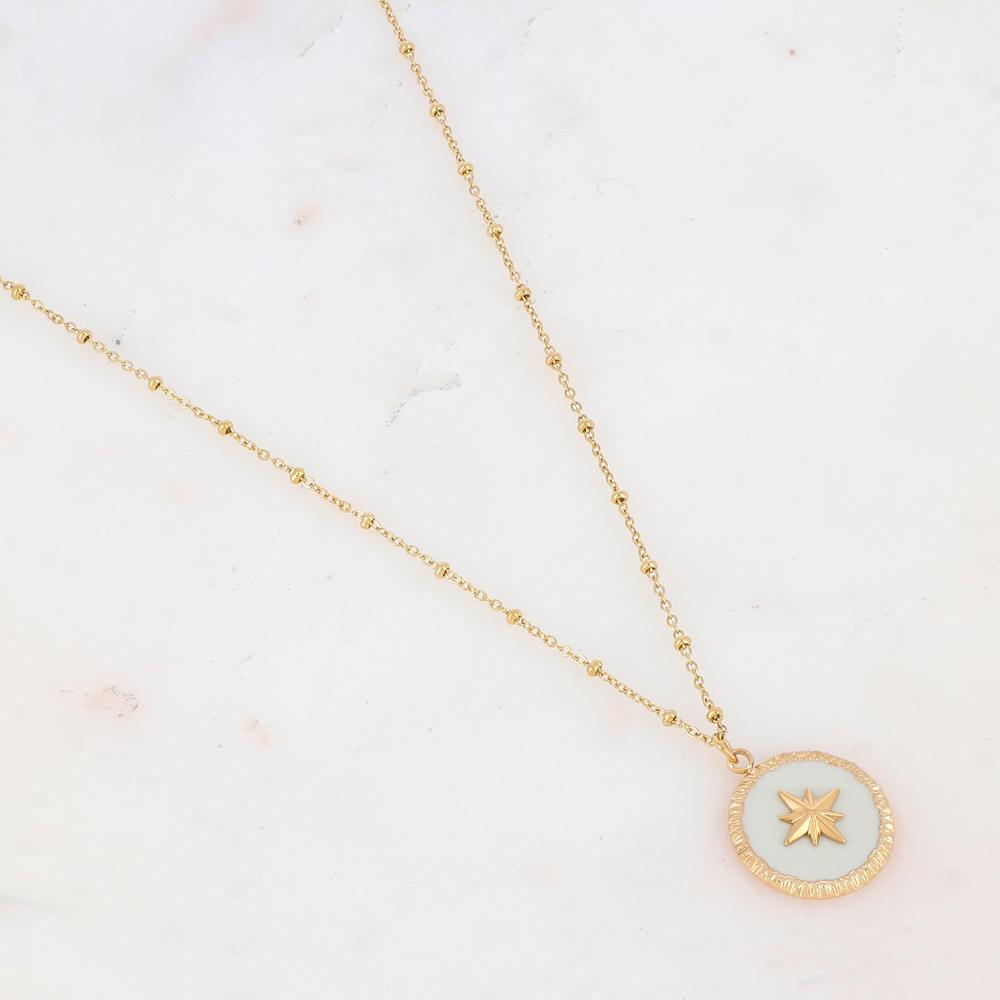 Collier avec pendentif rond émaillé blanc et étoile (38+7CM)
