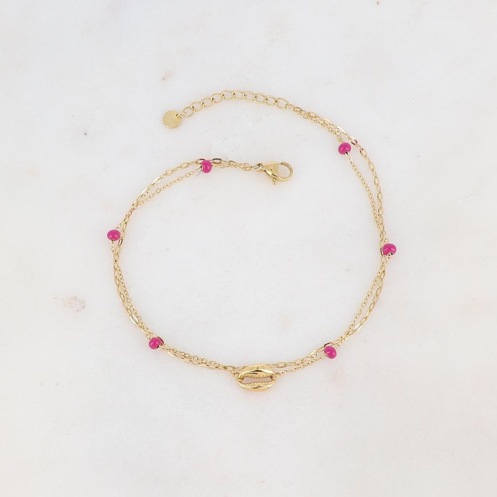 Chaîne de cheville deux rangs avec boules émaillées et cauri (22 + 3CM)