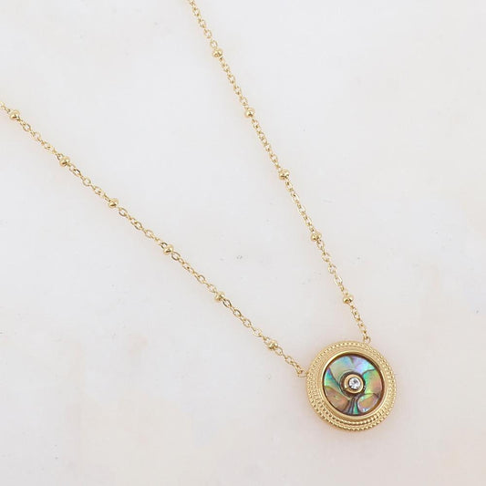 Collier avec une pampille ronde ornée d'une nacre verte abalone et d'un strass 39+7 cm