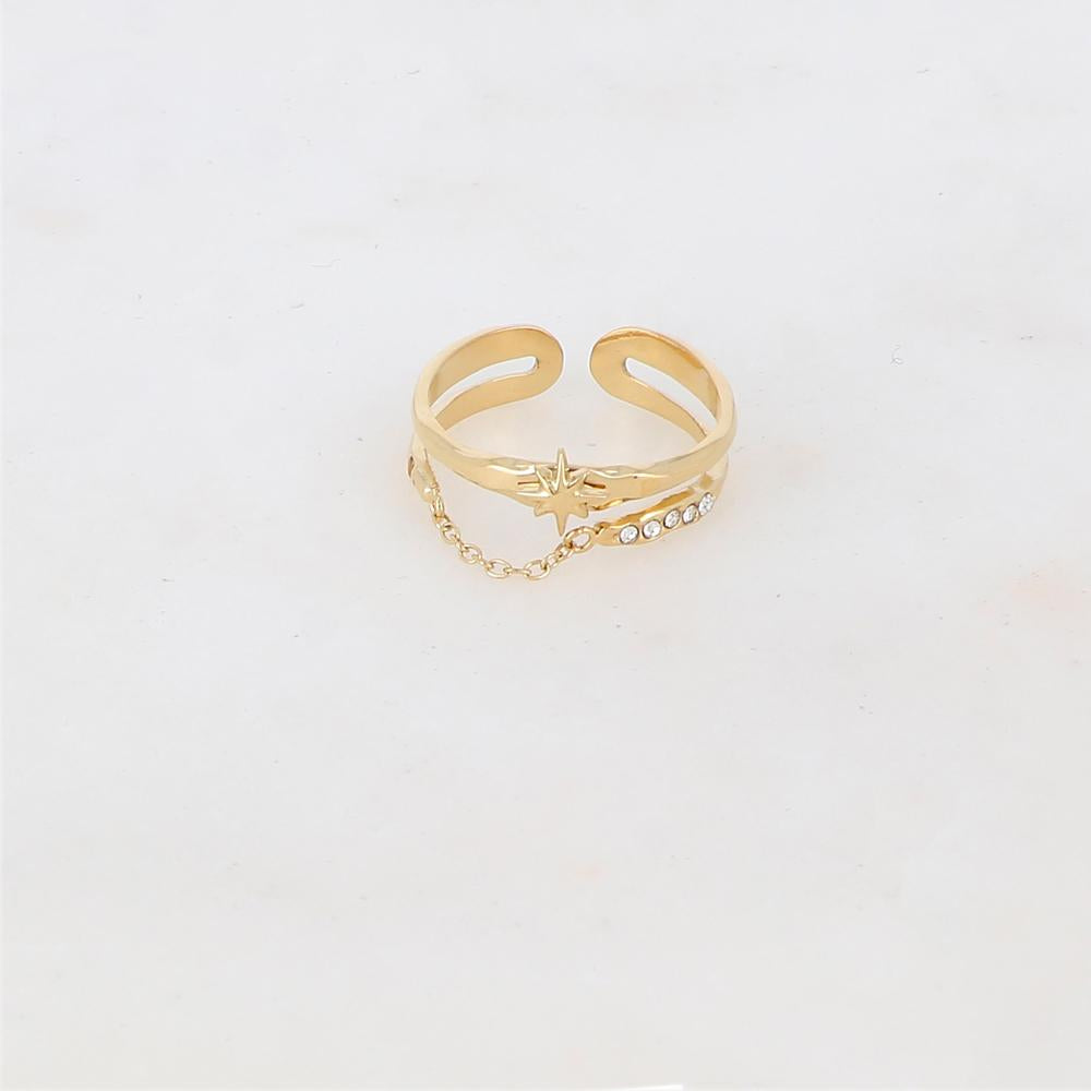 Bague 2 rangs avec chaîne, étoile et 5 strass