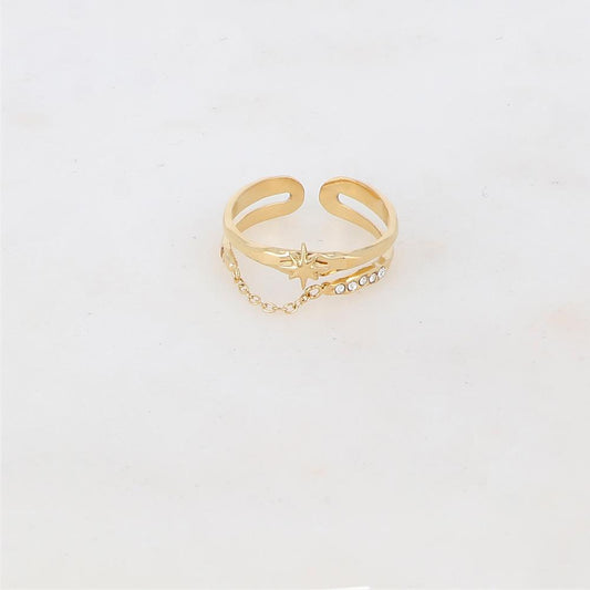 Bague 2 rangs avec chaîne, étoile et 5 strass