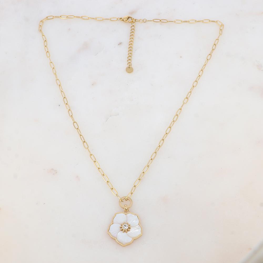 Collier avec pendentif fleur en nacre, strass (45+5CM)
