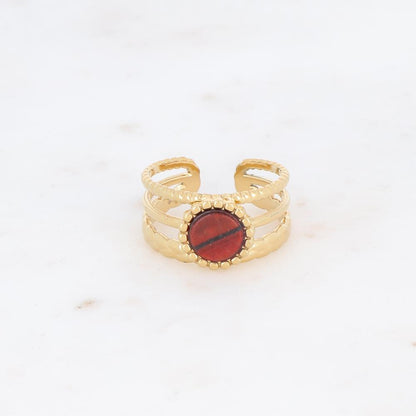 Bague 3 rangs avec une pierre naturelle ronde - Œil de tigre