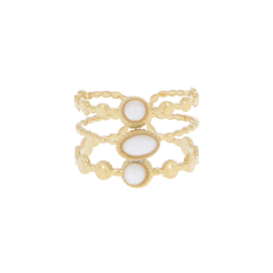 Bague 3 rangs avec petits ronds et pierres naturelles - Agate blanche