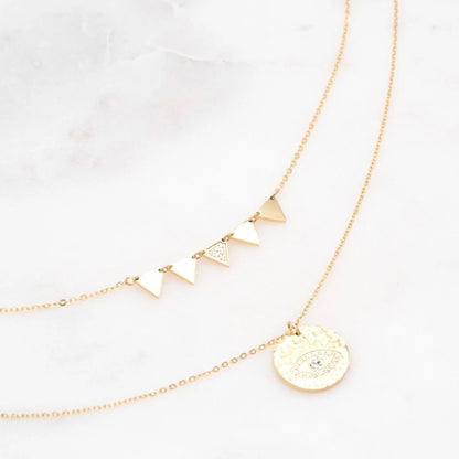 Collier doré 2 rangs avec strass, pendant au motif œil bienveillant avec strass blancs 42/50+5 cm